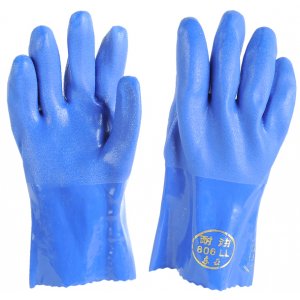 东亚806耐油耐磨耐酸碱手套 蓝色PVC工业劳保专用防滑棉毛浸塑手套